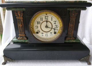 Antique Seth Thomas Adamantine Mantle Clock With Lions Heads,  Running & Accurate