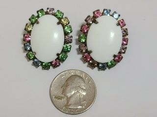 Milk Glass Clip On Earrings Multi Color Rhinestones Vintage