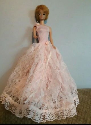Vintage Barbie Clone Mommy Made Long Pink Lace Dress With Flowers