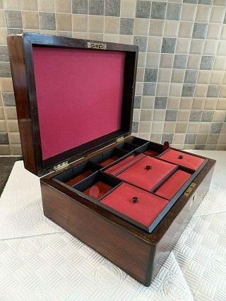 Victorian Inlaid Rosewood Sewing Box - Interior With Tray - Lock & Key