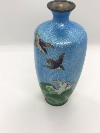 Hexagonal Shaped Blue Ginbari Cloisonne Vase Decorated With Birds And Waves