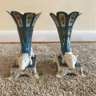 Antique Meissen Porcelain Blue Cornucopia Ram Figural Vases