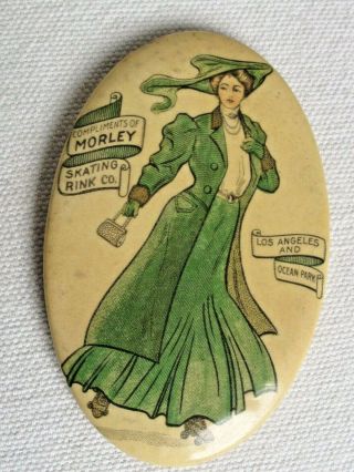 Antique Morley Skating Rink Celluloid Advertising Pocket Mirror Los Angeles