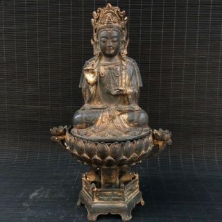 10 " China Old Antique Bronze Gilt Handmade Yellow Jambhala Buddha Statue