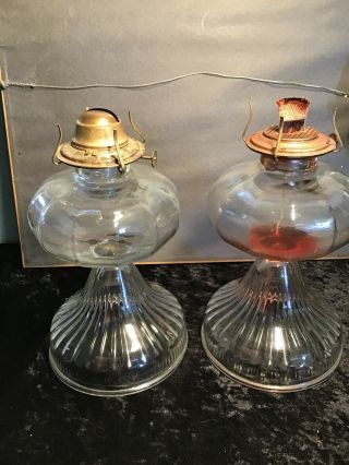 2 Vintage Glass Pedestal Oil Kerosene Lamp With Eagle Burner Clear Glass Chimney