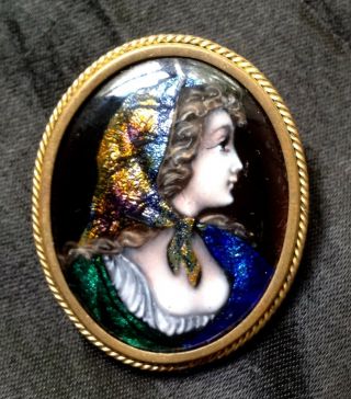 Gorgeous Fine Portrait Miniature Antique French Brooch Limoges Enamel Lady Girl