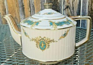 Vtg.  Sadler England Cherub,  Cupid Cameo & Floral Teapot Pot Blue Gold 3084
