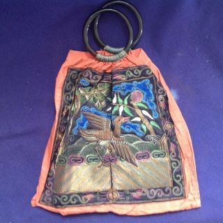 Antique Chinese Mandarin Stork Rank Badge Silk Embroidered Handbag Glass Rings