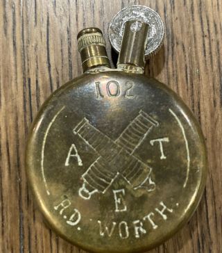 Antique Wwi 1918 Brass Trench Art Lighter 102 Ate R.  D.  Worth Solider