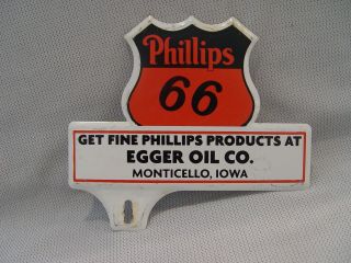 Vintage Phillips 66 Egger Oil Co.  Iowa Metal License Plate Topper Gas Sign