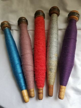 5 Vintage Antique Wooden Yarn Thread Cotton Wool Spool Spindle Bobbin Wood Loom 2