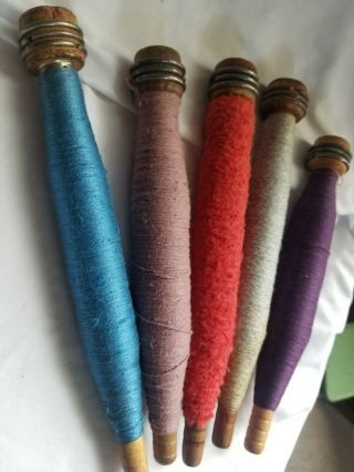 5 Vintage Antique Wooden Yarn Thread Cotton Wool Spool Spindle Bobbin Wood Loom 3