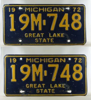 1972 Michigan Manufacturer License Plate Pair - Road Worn - " 19m - 748 "