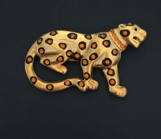 Vintage Cheetah Brooch/pin In Enamel & Gold Tone Metal With Crystals.