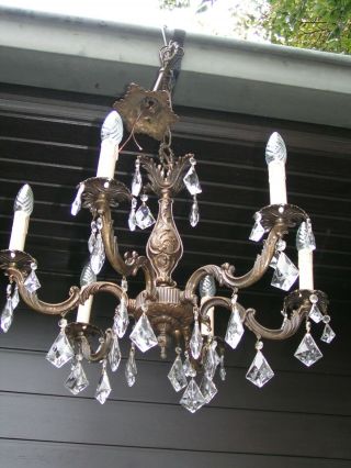 Vintage Fine Ornated Aged Brass 6 Light French Chandelier With Drops.  Look.