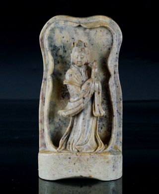 Antique Chinese Soapstone Carved Figurine Kwan Yin Immortal Incised Deco 19th C