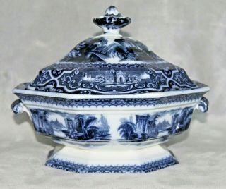 Rare Early 1849 Antique W Adams & Sons Staffordshire Blue Athens Covered Dish