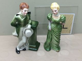 Vintage Pair Green Porcelain Ceramic Man & Woman Japan