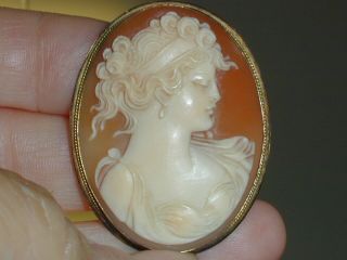 Gorgeous Antique 18k Gold Large Hand Carved Shell Cameo Brooch/ Pendant - 9 Grms