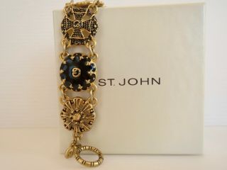 Vintage St John Bracelet Haute Couture Gold Tone & Black Enamel Sj Logo Toggle8 "