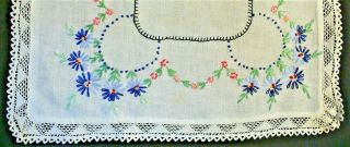 Vintage Embroidered Linen Dresser Scarf Table Runner Floral Motifs Lace Trim