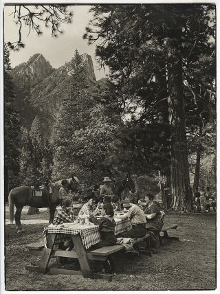 Vintage 1937 Trail Riders Eating Breakfast At Yosemite Double Weight Photo
