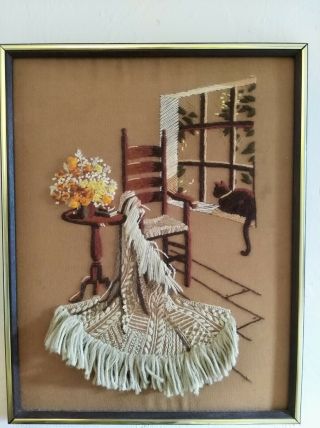 Vintage 70s Framed Completed Crewel Embroidery Afghan Cat Flowers 15x19