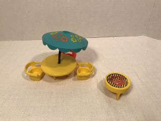 Vintage Fisher Price Little People Patio Set Table W/ Umbrella,  3 Chairs,  Grill