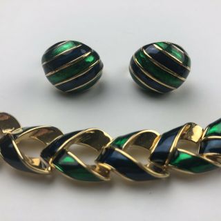 Vintage D’orlan Gold Tone Green Enamel Womens Bracelet And Pierced Earring Set