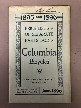 June 1896 Price List Of Separate Parts For Columbia Bicycles Pope Manufacturing