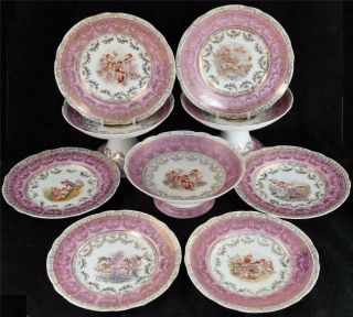 Antique Victoria Karlsbad Austria Porcelain Dessert Set Pink Kauffman Panels
