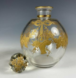Antique French Baccarat Scent Bottle W Raised Gold Enamel Flower Basket & Bow