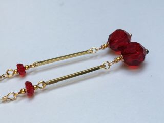 Art Deco Vintage Style Long Ruby Red Faceted Glass Crystal Gold Filled Earring