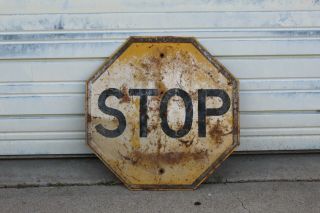 Vintage Yellow Paint Rustic Look Embossed Trim Road Traffic Steel Stop Sign