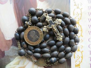 1800s Antique Black Wood Beads Rosary - In Brass Pope Leo Xiii Medal
