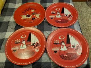 Four Vintage Mid Century Stoyke Round Metal Serving Trays 19 " Bbq Fondue Party