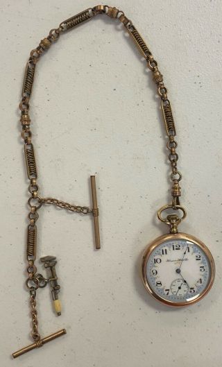 Antique 1907 Hampden 16s 15j Gf Pocket Watch Running W/ Watch Chain 127 Grams