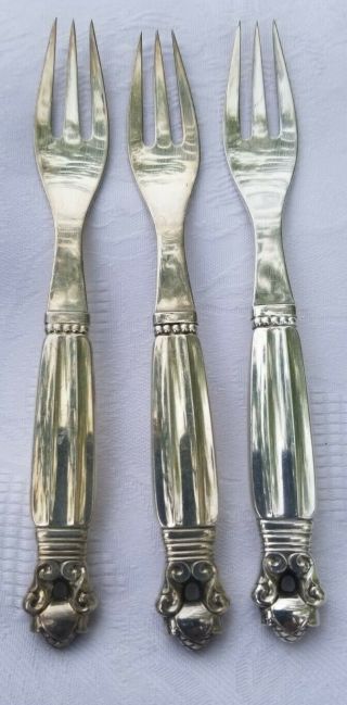 Georg Jensen Denmark Acorn Sterling Silver Handle 6.  5 Set Of 3 Fisk Forks