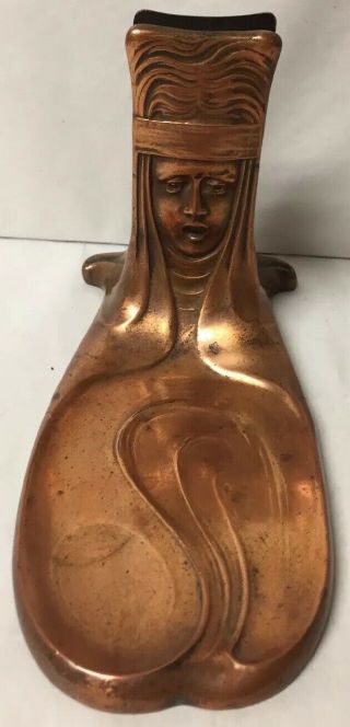 Antique Art Nouveau Jugendstil Bronze Woman Face Figural Ashtray / Match Holder