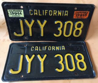 Vintage Black & Yellow California License Plates 1963 Jyy 308