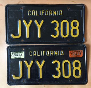 VINTAGE BLACK & YELLOW CALIFORNIA LICENSE PLATES 1963 JYY 308 2