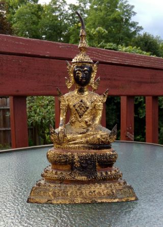 Thai Rattanakosin Period Gilt Bronze Buddha Antique Phra Rattana 8.  5 Inches Tall