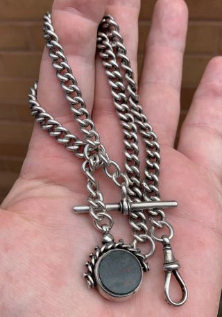 A Good Heavy Antique Solid Silver Double Albert Pocket Watch Chain & Fob,  1898.