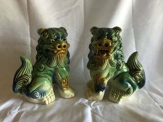 Pair Vintage Chinese Asian Ceramic Foo Dogs Fu Lions 6”
