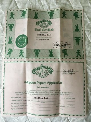 VTG 1980 ' s Cabbage Patch Kids Birth Certificate/Adoption Papers Inserts 2