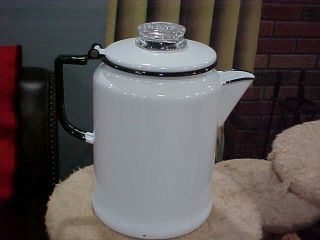 Vintage 10 Cup Black White Enamelware Graniteware Perculator Coffee Pot