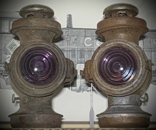 Antique Ford Model T Corcoran Kerosene Side Lamps With Amethyst Lenses