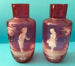 Pair Antique Mary Gregory Cranberry Glass Vases,  7.  5” (19cm) Tall,  Con