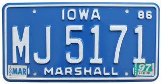 Vintage Blue Iowa 1986 1997 Marshall County License Plate,  Mj 5171,