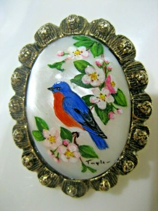 Vintage Mother Of Pearl Artist Signed Hand Painted Bird Flower Brooch